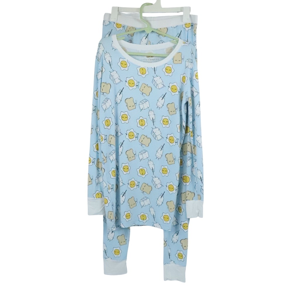 Little Sleepies Blue Breakfast Pajama 2 Piece Bamboo Set Egg Toast Milk Sz 12/14